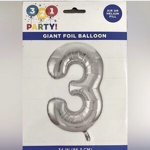 🍄NEW Giant Foil Balloon #3 Silver 34” Tall Air Or Helium Party Decoration